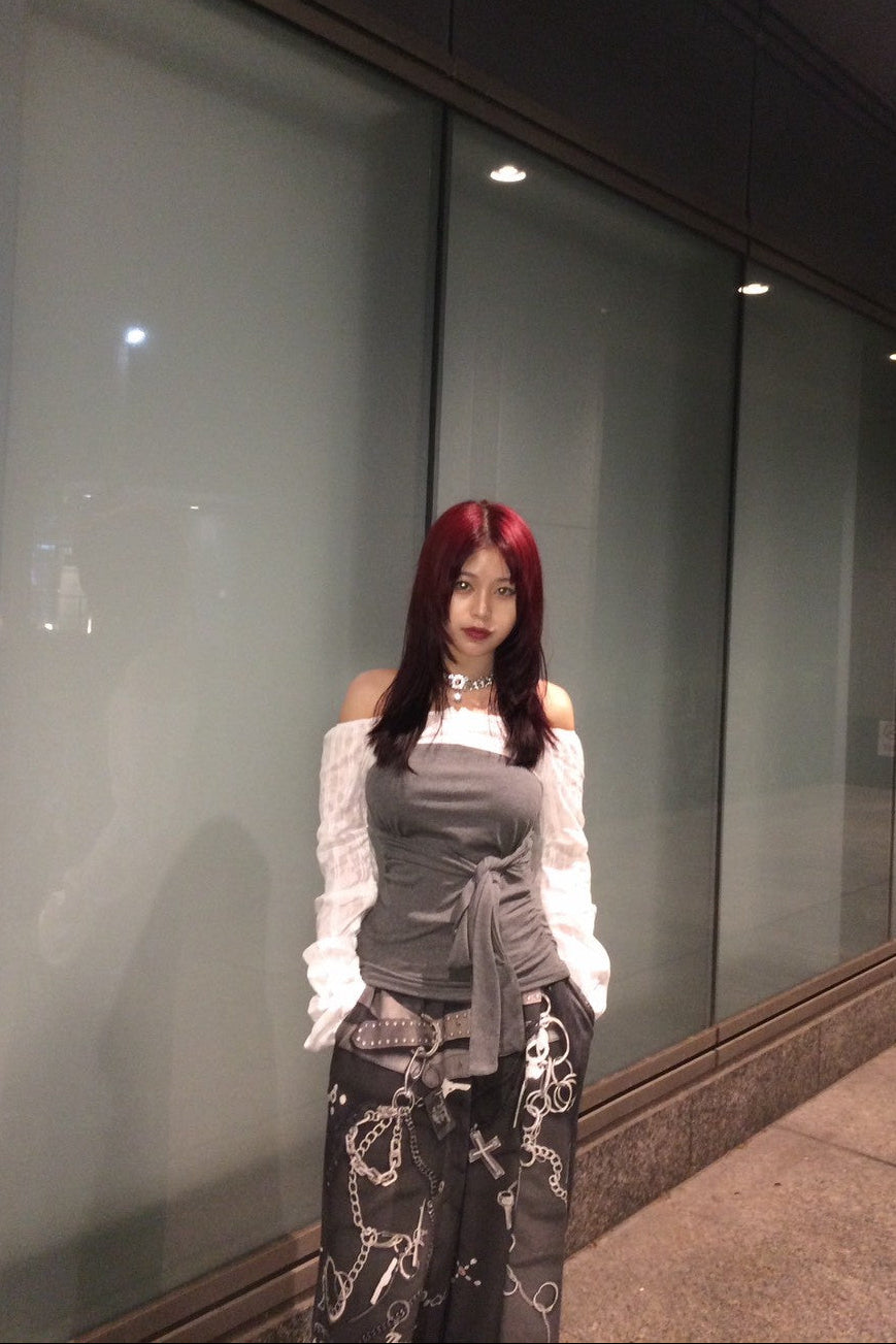 オフショルダーリボンシアートップス NA10180