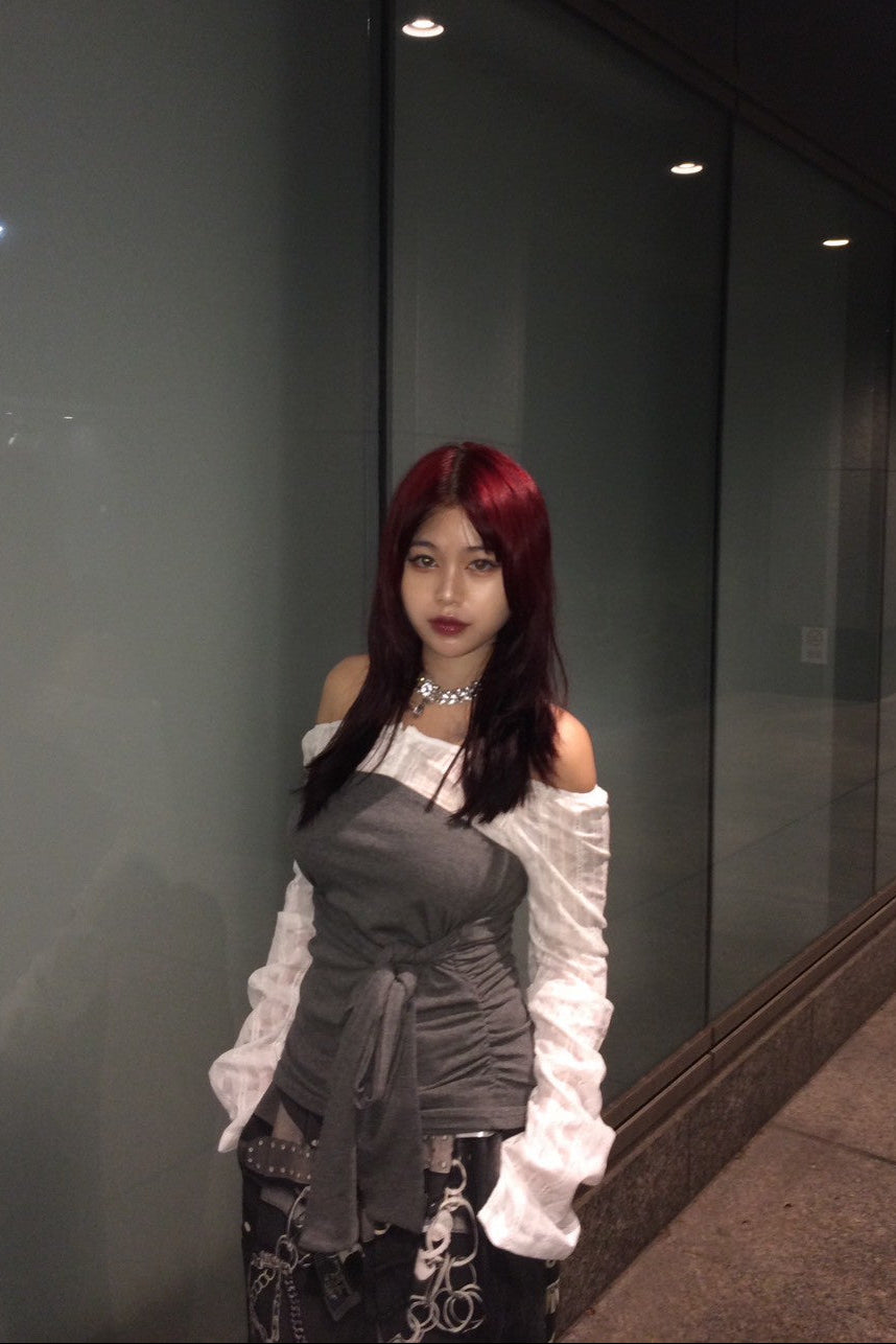 オフショルダーリボンシアートップス NA10180