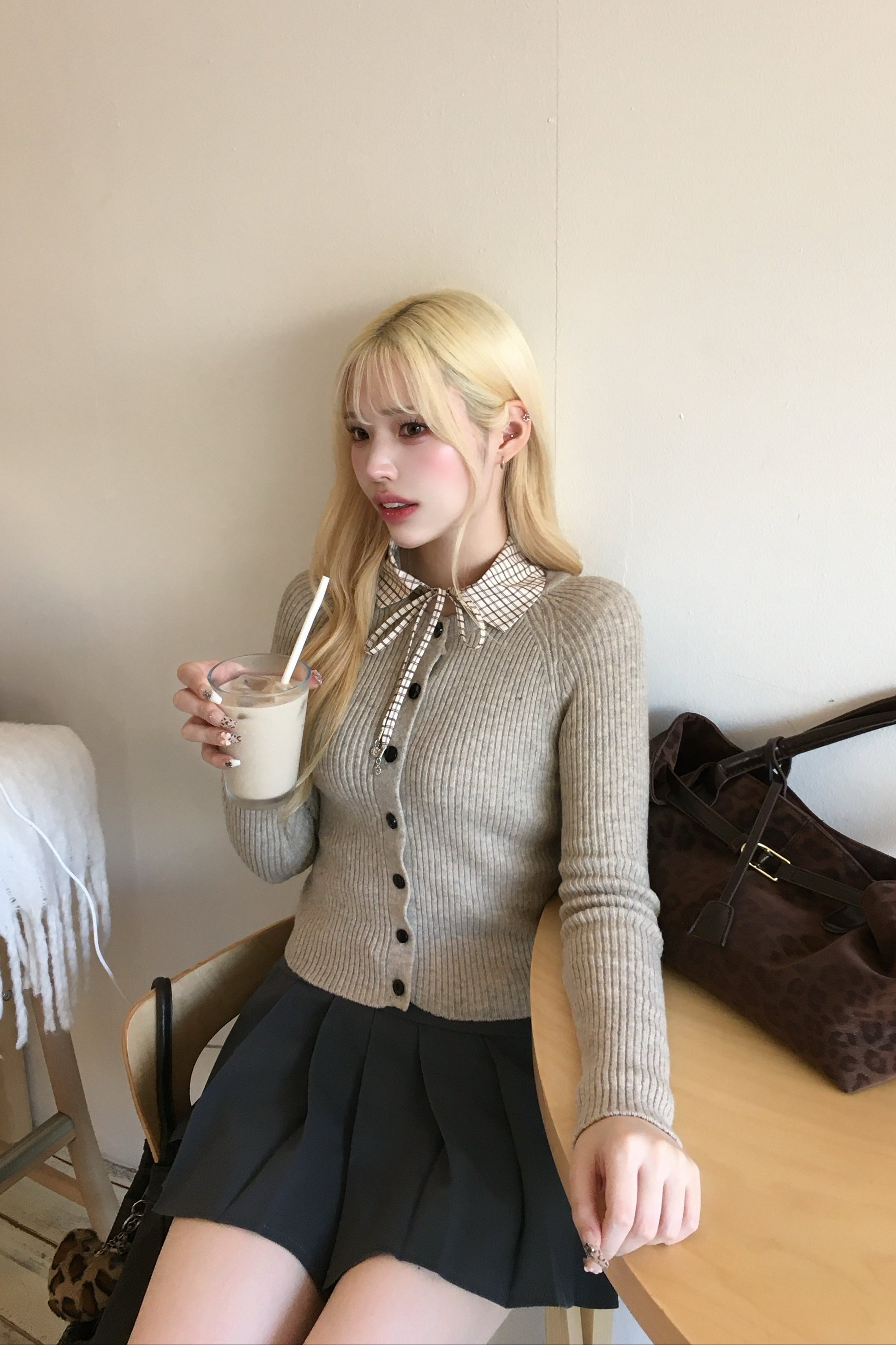 チェックカラーリボンニットカーディガン NA10141